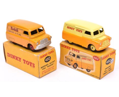 2 Dinky Toys Bedford 10cwt Vans. Kodak (480) in orange livery with red wheels. Plus another example 'Dinky Toys (482) in pale