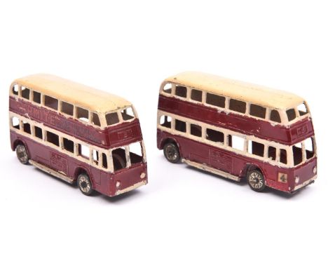 2 Dinky 29 series motor bus. Based on AEC Q double deck buses, both over painted  in cream and maroon, complete with original