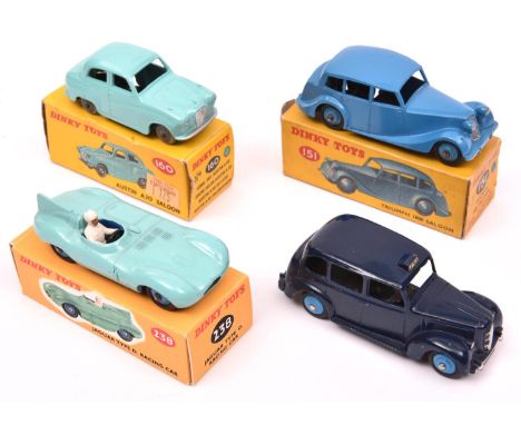 4 Dinky Toys. Triumph 1800 Saloon (151). In mid blue with mid blue wheels. Austin A30 Saloon (160), in turquoise with light g