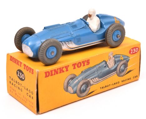 Dinky Toys Talbot-Lago Racing Car (230). In mid blue with mid blue wheels and grey tyres, RN4. Boxed, minor wear. Vehicle VGC