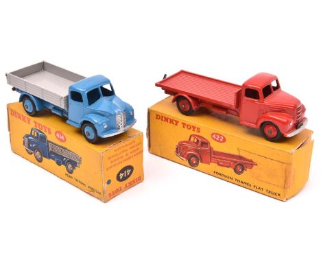 2 Dinky Toys. Dodge Rear Tipping Wagon (414). Cab and chassis in mid blue with mid blue wheels and light grey tipping rear bo