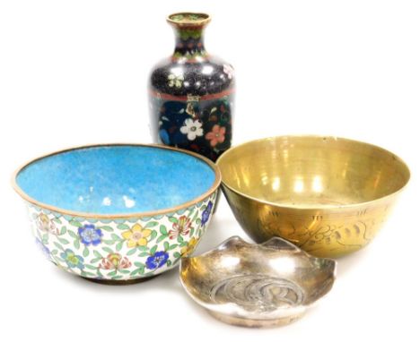 A group of Oriental items, comprising a cloisonne bowl, 5cm diameter (AF), a cloisonne vase, 12cm high (AF), a Chinese brass 
