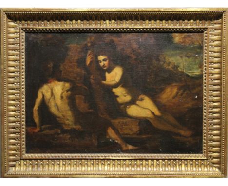 17th C. European School Old Master Painting of Two Figures in a landscape. Oil on canvas. Likely original canvas and stretche