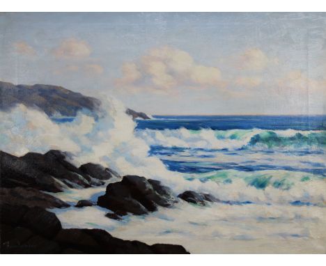 Francis Dixon (NY, CA, 1879 - 1967) Coastal Seascape Painting. Likely Bass Rocks Gloucester. Oil on canvas. Signed lower left