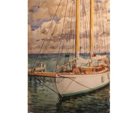 Robert Herzberg (Michigan, 1886 - 1960) Watercolor of a Sailing Vessel with figures. Signed lower right. Herzberg studied at 