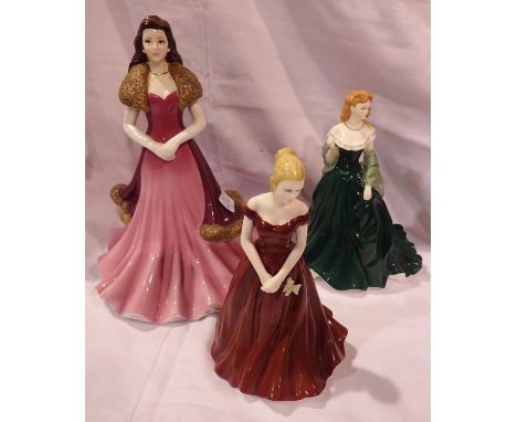 Three standing ceramicladies to include Coalport and Royal Worcester, H: 29 cm. Not available for in-house P&amp;P 