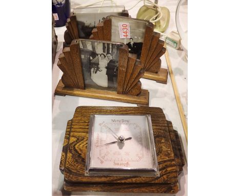 Three oak Art Deco picture frames and an oak cased barometer, largest H: 18 cm. Not available for in-house P&amp;P 