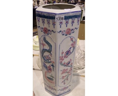 Oriental design ceramic stick stand small chip to rim,  H: 71 cm. Not available for in-house P&amp;P 