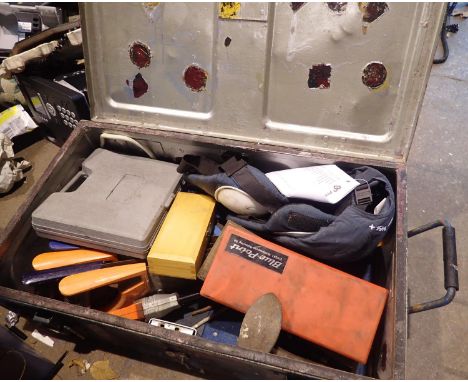 Metal box of DIY tools including Stanley plane, saws riveter. Not available for in-house P&amp;P 
