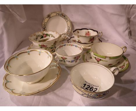 Five George Jones Crescent China teacups and saucers and a sugar bowl, no chips or cracks. Not available for in-house P&amp;P