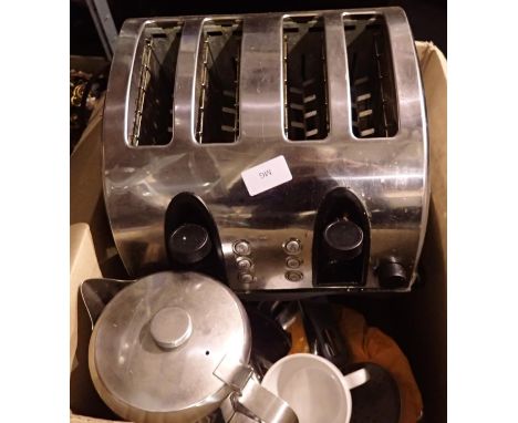 Quantity of kitchen equipment/ utensils including a four slice toaster. All electrical items in this lot have been PAT tested