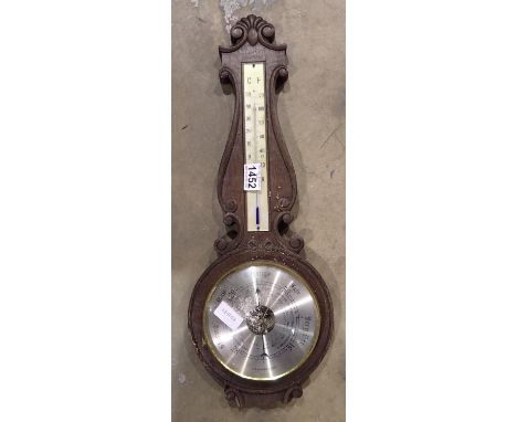 Oak cased barometer/thermometer, H: 50 cm. Not available for in-house P&amp;P 