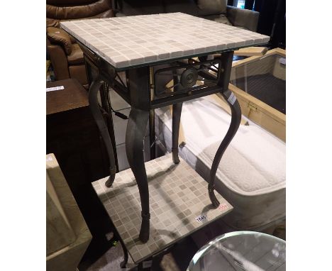 Pair of painted metal tables with cabriole legs and tile tops, 40 x 40 x 56 cm H. Not available for in-house P&amp;P 