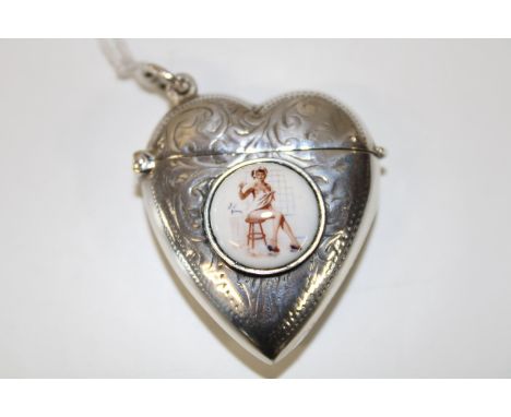 A rare 925 silver heart shaped vesta case with enamel decoration 