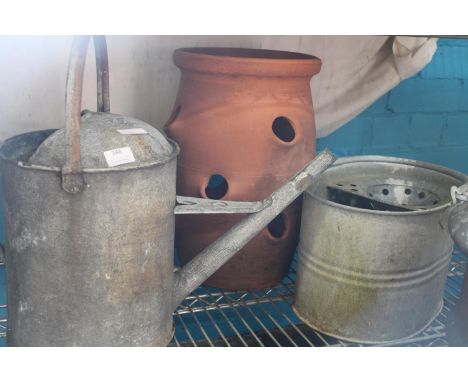 A vintage galvanised watering can, bucket & terracotta chimney potunable to post 