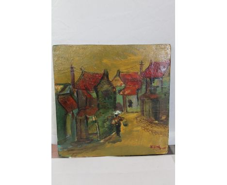 A antique Chinese oil on panel signed to bottom20x20cm 