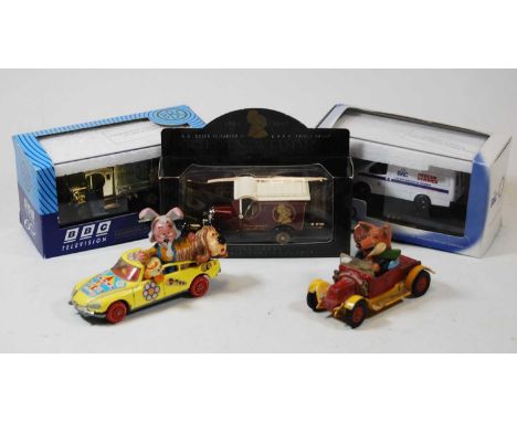 Three modern issue boxed diecast models together with a Corgi Toys Magic Roundabout and a Corgi Toys Basil Brush's Car (5)