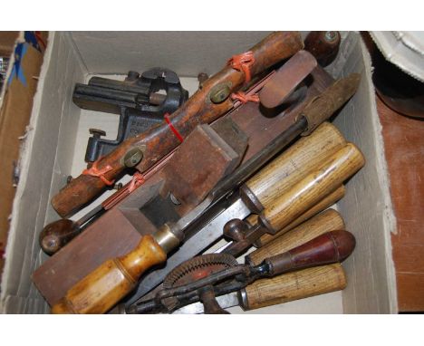 A small quantity of woodworking tools to include block plane, spoke shave, chisels etc