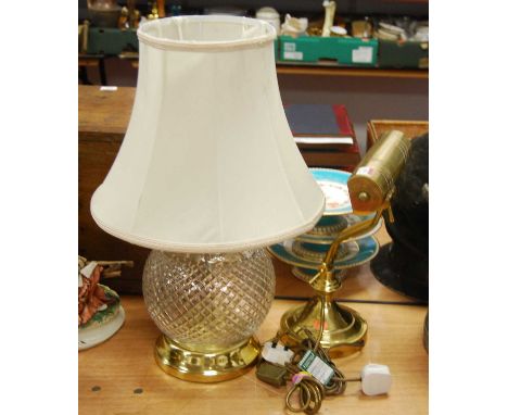 A pressed glass and brass table lamp and shade, 54cm high, together with another table lamp