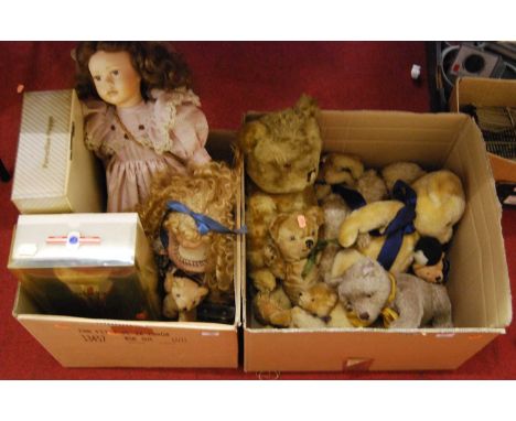 Two boxes of dolls and teddy-bears, to include Steiff bear with white label, Harrod's bear etc 