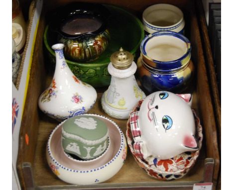 A box containing a collection of ceramics to include Wedgwood cream jasper ware, Poole pottery, etc