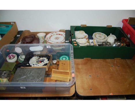 Four boxes, to include assorted table china, dressing table wares, trinket boxes, cutlery, hat-pins etc 