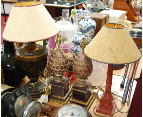 A faux rouge marble table lamp, in the form of an ionic column, height 52cm with shade, together with a pair of gilt table la