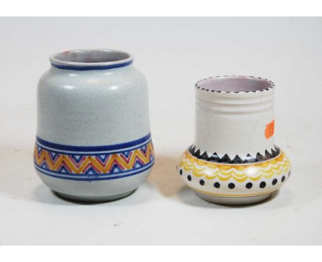 A mid 20th century Poole Pottery vase of tapered cylindrical form having banded geometric decoration, impressed Poole mark ve