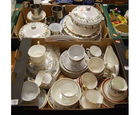 Two boxes of miscellaneous items, to include Richmond china part tea service, Wedgwood Beaconsfield pattern teawares, pewter 