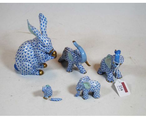 A Herend of Hungary porcelain figure of a rabbit, handpainted in shades of blue with gilt nose and paws, printed Herend, Hung