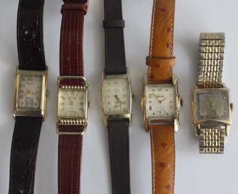 Five various gents vintage gold plated tank watches to include Hamilton x2, Lord Elgin x2, and Benrus x1, each with manual wi