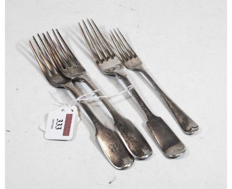 A set of three 19th century silver table forks in the fiddle pattern, together with one other silver fork (4), gross weight 8