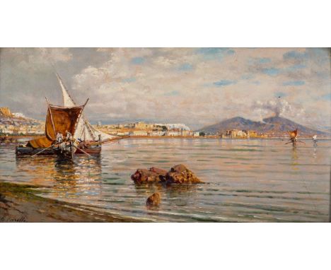 GIUSEPPE CARELLI (ITALIAN 1858-1921) Seascape of Napoli,  oil on panel 19 x 35 cm (7 1/2 x 13 6/8 in.) signed lower left  