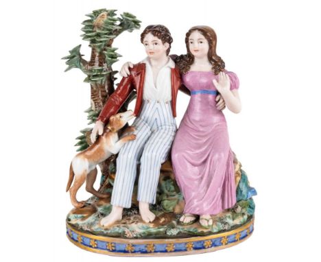 A RUSSIAN PORCELAIN FIGURAL GROUP OF "PAUL, VIRGINIE AND THE DOG FIDELE", POPOV PORCELAIN FACTORY, GORBUNOVO, 1830S-1850S rea