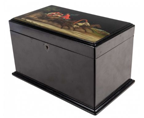 A RUSSIAN LACQUER AND PAPIER-MACHE TEA CADDY, LUKUTIN FACTORY, FEDOSKINO, 19TH CENTURY the box cover painted with summer troi