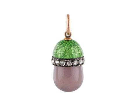 A FABERGE RUSSIAN DIAMOND, GOLD, GUILLOCHE ENAMEL AND HARDSTONE EGG PENDANT, WORKMASTER ALFRED THIELEMANN, ST. PETERSBURG, LA