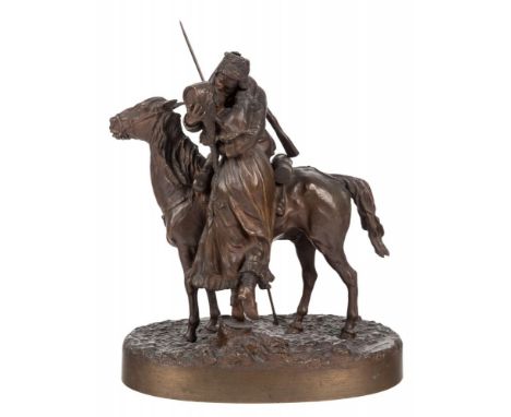 VASILY YAKOVLEVICH GRACHEV (RUSSIAN 1831-1905) Cossack on Horseback Kissing his Sweetheart,  bronze with medium brown patina 