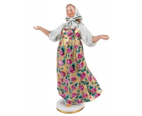 A SOVIET PORCELAIN FIGURE OF A WOMAN FROM THE SERIES "UNDER THE SUN OF THE STALIN CONSTITUTION", LENINGRAD PORCELAIN FACTORY,