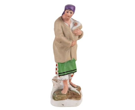 A RUSSIAN PORCELAIN FIGURE OF A PEASANT WOMAN WITH A CHILD, DMITROVSKAYA PORCELAIN FACTORY, VERBILKI, MOSCOW, 1920S-1940S rea