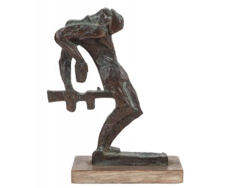 ERNST NEIZVESTNY (RUSSIAN 1925-2016) Soldier Being Bayonetted,  bronze with green patina, wood  height with base: 22 cm (7 5/