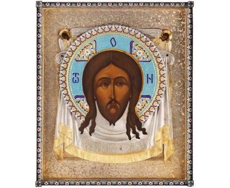 A RUSSIAN ICON OF THE MANDYLION (SPAS NERUKOTVORNY) WITH GILT SILVER AND CLOISONNE ENAMEL OKLAD, MOSCOW, 1891-1896 depicting 