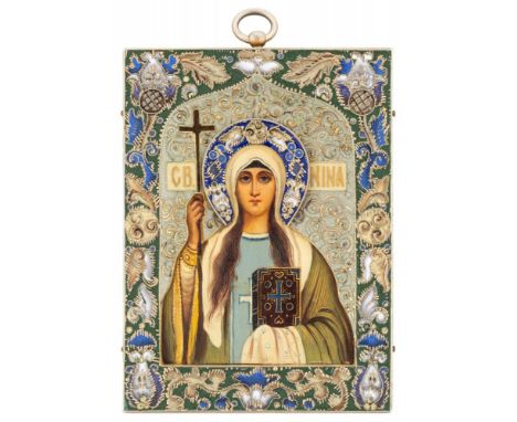 A FABERGE SILVER AND SHADED CLOISONNE ENAMEL ICON OF SAINT NINO, WORKMASTER FEODOR RUCKERT, MOSCOW, 1908-1917 depicting Saint