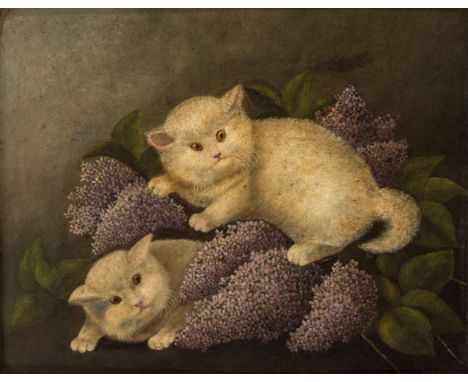 19TH CENTURY AMERICAN FOLK ARTIST Kittens Playing in Lilacs,  oil on panel 34.3 x 43 cm (13 1/2 x 17 in.)  