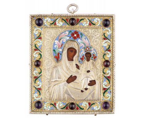 A RUSSIAN MINIATURE ICON OF THE SMOLENSKAYA MOTHER OF GOD, FROM THE COLLECTION OF GRAND DUCHESS XENIA ALEXANDROVNA, WITH GILT