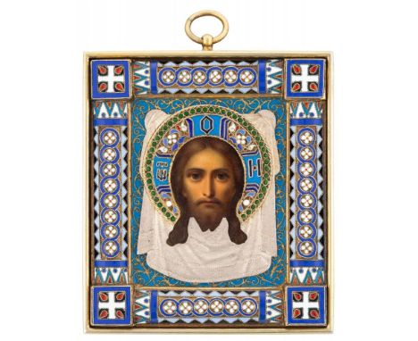 A RUSSIAN MINIATURE ICON OF THE MANDYLION (SPAS NERUKOTVONY) WITH GILT SILVER AND CLOISONNE ENAMEL OKLAD, WORKMASTER PAVEL OV