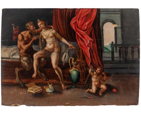 18TH CENTURY OLD MASTER Aphrodite, Pan and Eros,  oil on panel 28 x 39.3 cm (11 x 15 1/2 in.)   