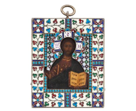 A RUSSIAN MINIATURE ICON OF CHRIST PANTOCRATOR WITH SILVER AND CLOISONNE ENAMEL OKLAD, MOSCOW, 1908-1917 depicting Christ Pan