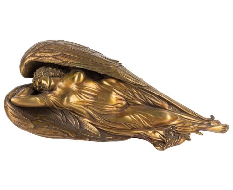 EUROPEAN ARTIST, EARLY 20TH CENTURY&nbsp;Angel, polychrome bronze 19 x 45.5 cm (7 1/2 x 17 7/8 in.) signed, stamped and inscr