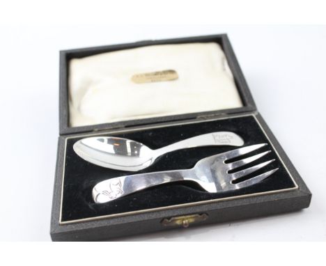 2 x .925 sterling silver christening set feeding spoon &amp; fork cased 