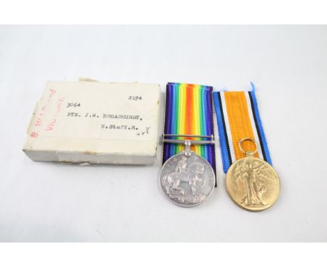 Boxed WW1 Medal Pair 3064 Pte J. W. Broadhurst North Staffs R x 2 